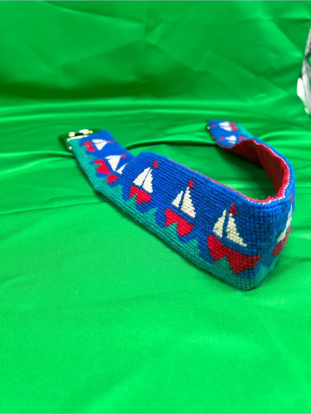 Kids Blue Sailboat Embroidered Belt with Red Lining
